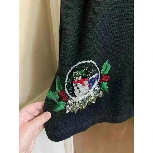 Vintage BP Design Black Beaded Christmas Snow Globe Full Zip Sweater Faux Fur M - Picture 11 of 12
